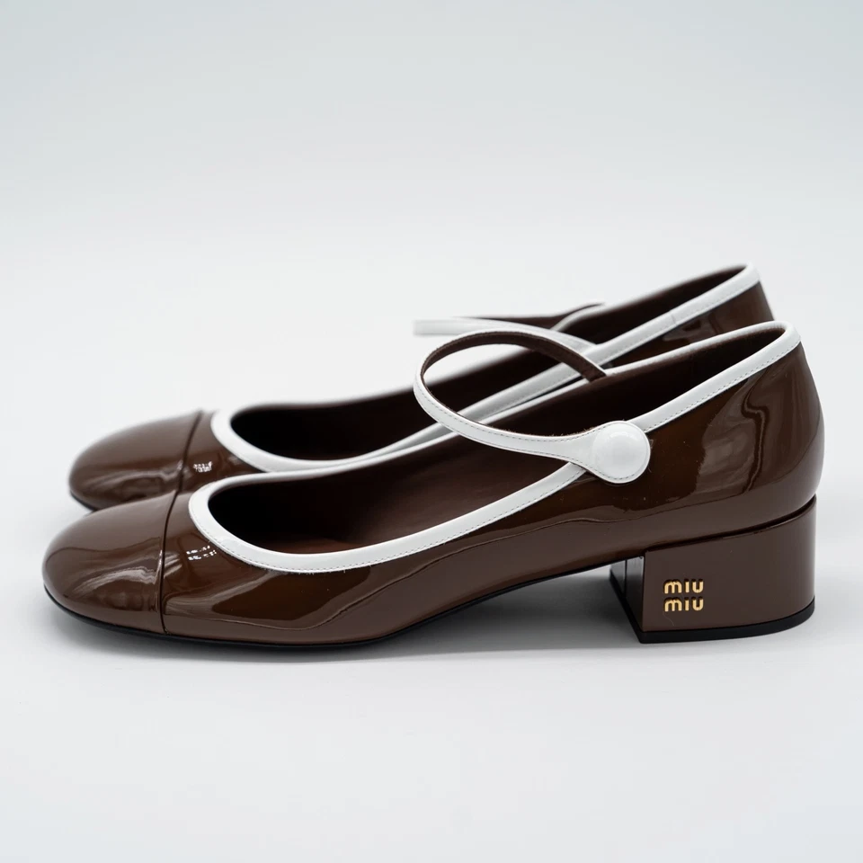 size 39.5eu 9.5 US Miu Miu Two-Tone Patent Leather Mary Jane Pumps Brown - Image 4 of 4