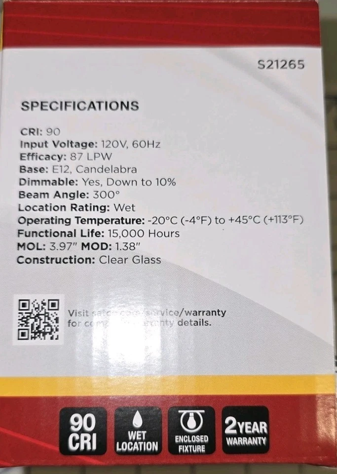 SATCO ~ S21265 4B11/LED/930/CL/120V/E12, Torpedo, B11, 4 Watt =40 W Lot Of 6,  - Image 3 of 4