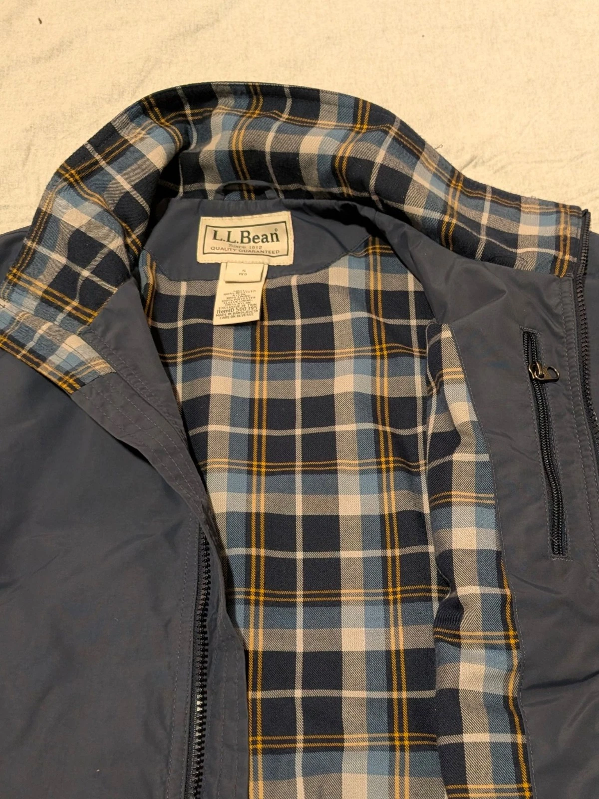 L.L.Bean Men's Warm-Up Jacket Flannel-Lined Dark Navy S Plaid Lining Full Zip - product detail image 3