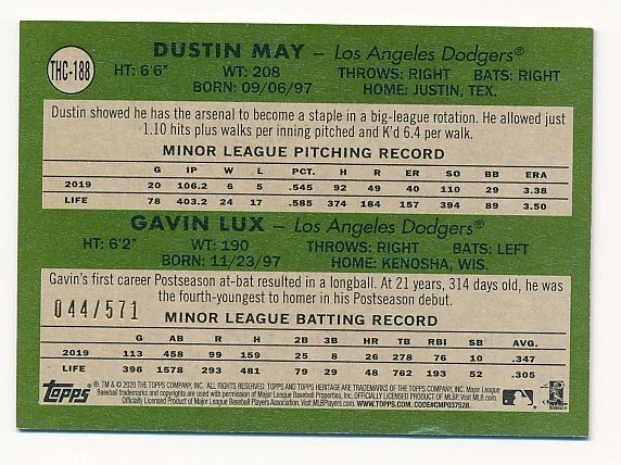 DUSTIN MAY GAVIN LUX 2020 TOPPS HERITAGE CHROME #THC-188 SP BASEBALL #044/571 - Image 2 of 2