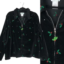 Quacker Factory Womens Christmas Holly Embroidered Cotton Velour Zip Jacket XL