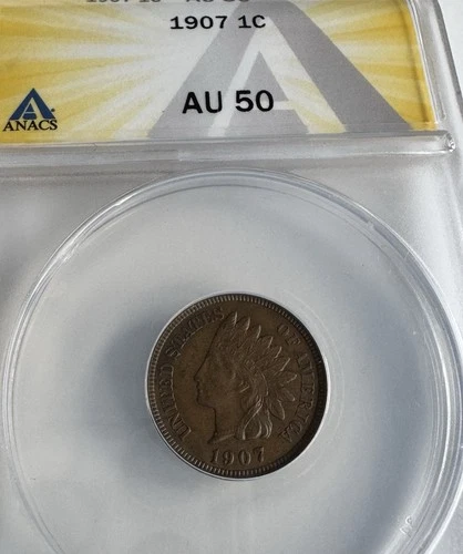 1907 P Indian Head Cent ANACS AU 50 Slab | Nice Example Historic Coin Rare Grade