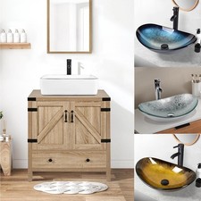 Countertop Basin Set Tempered Glass Wash Bowl Waste Tap Under Sink Unit Cabinet