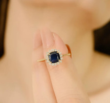 lab Created Blue Sapphire Cushion Halo engagement Ring 14K Yellow Gold Plated
