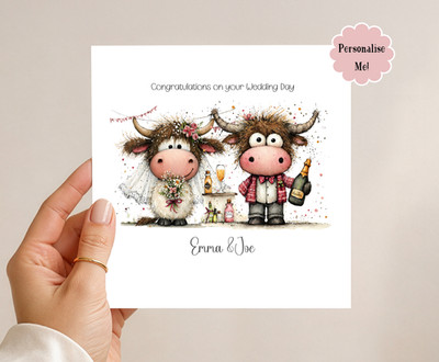 Personalisierte Hochzeitskarte Highland Cow Mr & Mrs Cows Glückwunsch schottisch