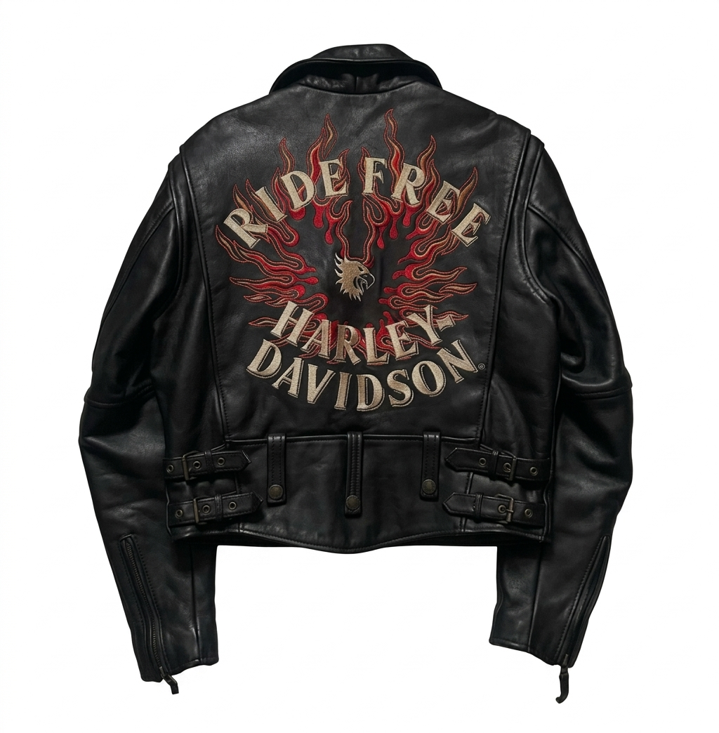 Harley Davidson Vintage Leather Jacket Men Ride Free Eagle Flame