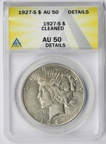 1927-S Peace Dollar $1 AU 50 Details Cleaned ANACS