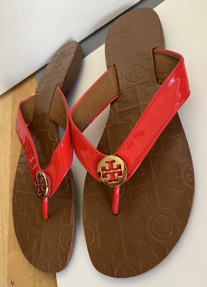 Tory Burch THORA Chanclas Sandalias Tanga Zapatos-ROJO Charol-Talla 7 LKNU! Foto 4 de 4