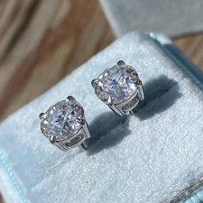 2Carat Round Cut Moissanite Push Back Unisex Stud Earrings 14K White Gold Plated