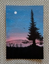 ACEO Original Art Pine Tree Shooting Star Fence Silhouette Acrylics 2.5x3.5 In.