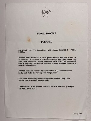 Fool Boona Band Pressemitteilung 'Popped' Original Virgin Records 1999