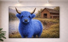 Blue Highland Cow Farm Canvas Wall Art Landscape Choose Size Everwall Prints 04