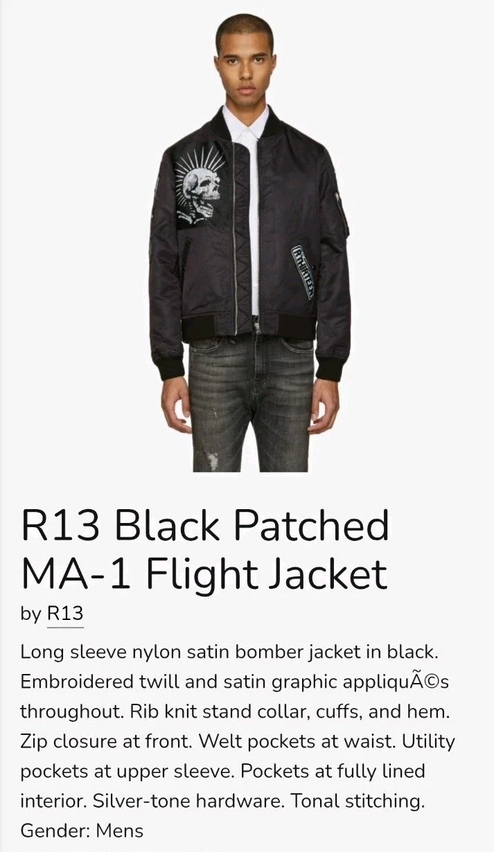 R13 MA-1 Flight Bomber Jacket Black Nylon Satin Skull Patch Zip Men’s M image 2