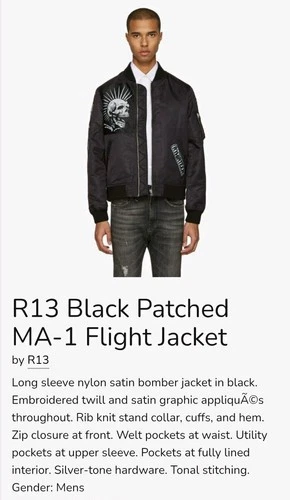 R13 MA-1 Flight Bomber Jacket Black Nylon Satin Skull Patch Zip Men’s M image 2