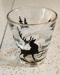 Vintage MCM Shot Glass Deer Libbey Stag Doe Mountains Mid Century Gold Rim