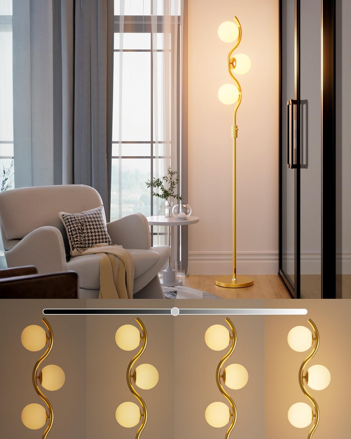 60IN Dimmable (Brightness Adjustable) Gold Floor Lamp, Mid Century Standing Lamp