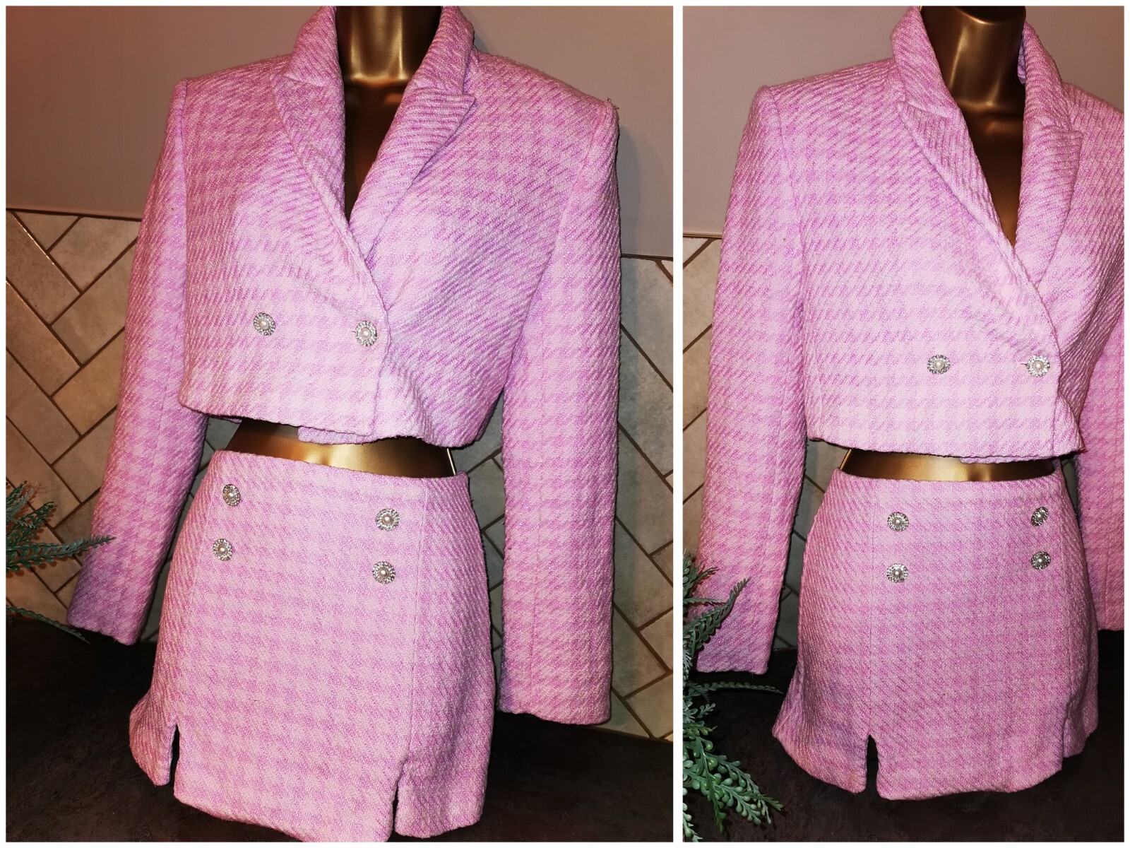 Zara Pink Tweed Houndstooth Co ord Crop Blazer u0026 Skirt Skort Size M UK  10-12 | eBay