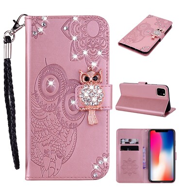 For iPhone 13 12 14 15 Pro Max 11 XR 8 Case Diamond Bling Owl Card Wallet Cover