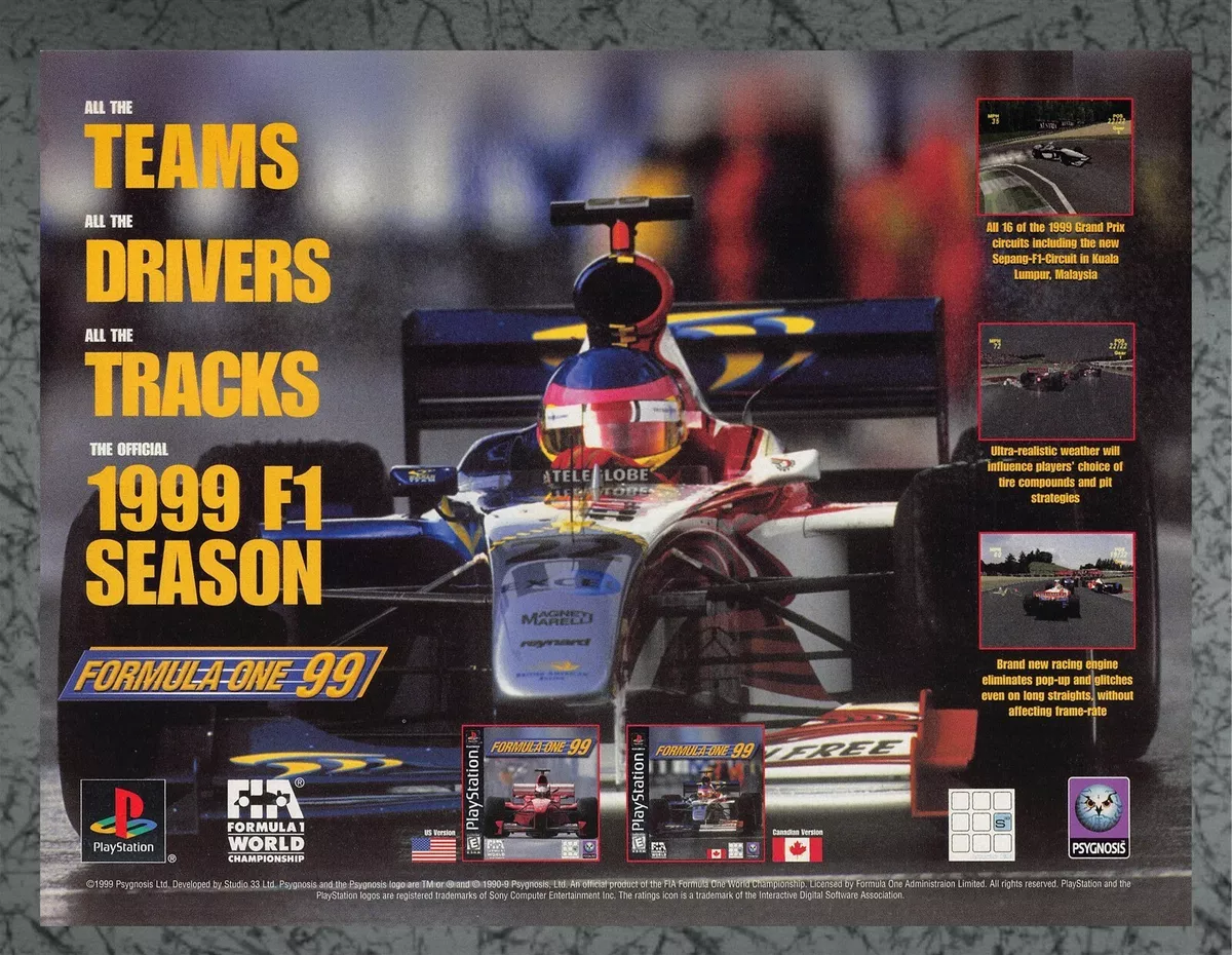 Formula One 99 Playstation 1 PS1 Racing F1 Season 1999 Vintage Print Ad Art