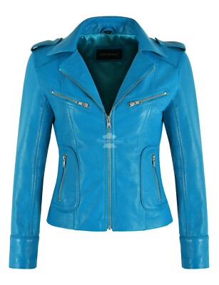 Damenmode Lederjacke elektrisch blau Napa schmale Passform klassischer lässiger Stil