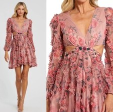 Mac Duggal # A9151 Pink Floral Dress Long Sleeve V Neck Cut Out Mesh NWT Size 2