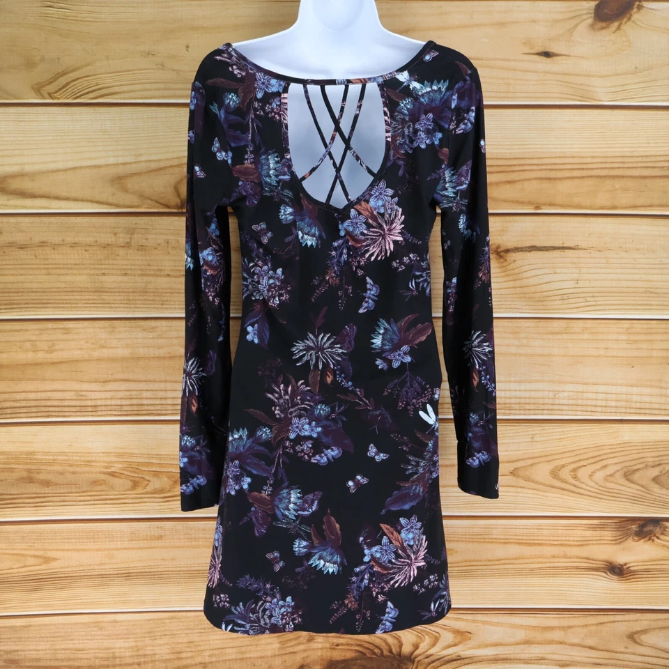 Vestido Mudd Manga Larga Mujer Talla M Negro Floral Tirantes Espalda Acento Elastizado Suave Foto 3 de 4