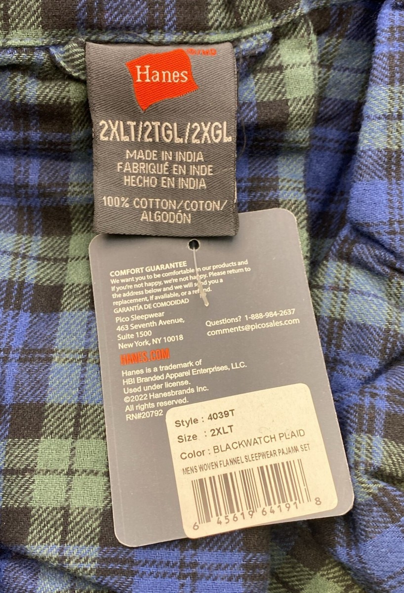 S、M、L Hanes Men's Big & Tall 2XLT Flannel Pajama Set | Blackwatch Plaid