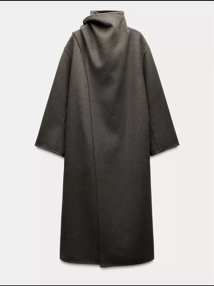 NUEVO CON ETIQUETAS ABRIGO BUFANDA MEZCLA LANA ZARA ZW GRIS TOPO TALLA XS REF. 7522/244