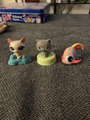 3 Pc Lot Littlest Pet Shop Original LPS Authentic 2000s Vtg Cat Cat Fish