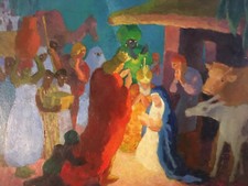 Peinture  Edmond SIGRIST Nativité Christ Religion Creche Huile Sur Panneau Fauve