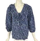 Monsoon Top Blue Size L 10 12 Paisley Print Ruffle Tie Neck Boho Peasant Casual
