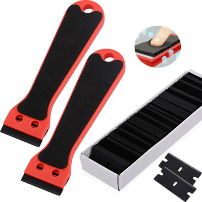 2 Long Handle Grip Scraper 100 Pcs Plastic Razor Blades for Glass Sticker Remove