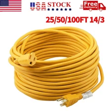 Yellow 25/50/100 Foot Outdoor/Indoor Extension Cord 14/3 SJTW Heavy Duty New