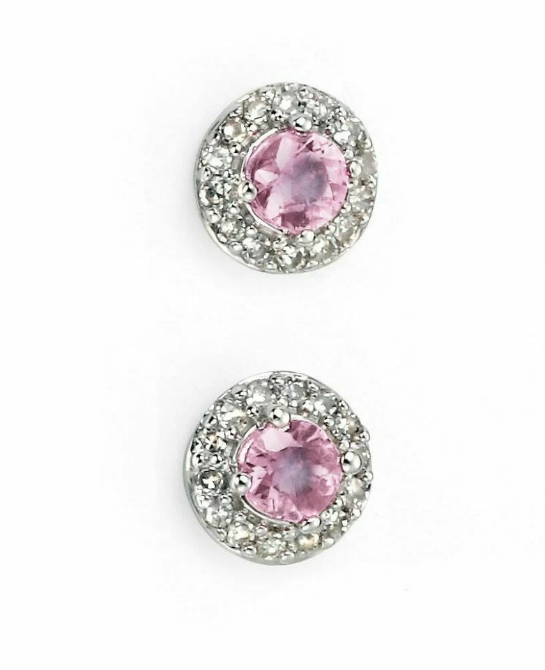 Zaffiro Rosa Orecchini con Diamante Surround IN 9ct Oro Bianco Britannico Fatto - Immagine 2 di 4