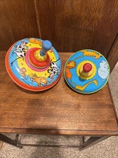 Vtg OHIO ART Tin Metal Toy 2 Tops Lion Tiger Elephant Giraffe And Dog Cat Mouse