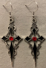 SPIKY CROSS EARRINGS - Black Enamel, Red Stone, SS Ear Wires GOTHIC HALLOWEEN