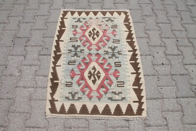 2x3 ft Vintage Turkish Kilim - Beige & Brown Aztec Bohemian Decor