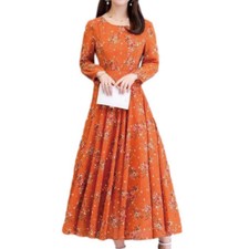 Womens Long Sleeve Floral A-Line Flare Tea Dress Night Long Swing Maxi Dresses