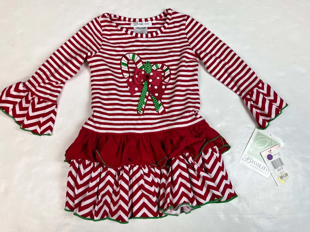 Bonnie Jean Girls Candy Cane Striped Christmas Holiday Dress 2T