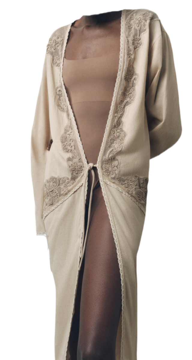 Zara Long Beaded Embroidered Lace Linen Kimono Beige Size XS-S M-L