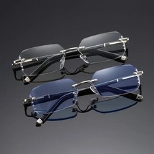 Mens Clear Rimless Silver Frame Retro Vintage Lightweight Fashion Glasses NEW