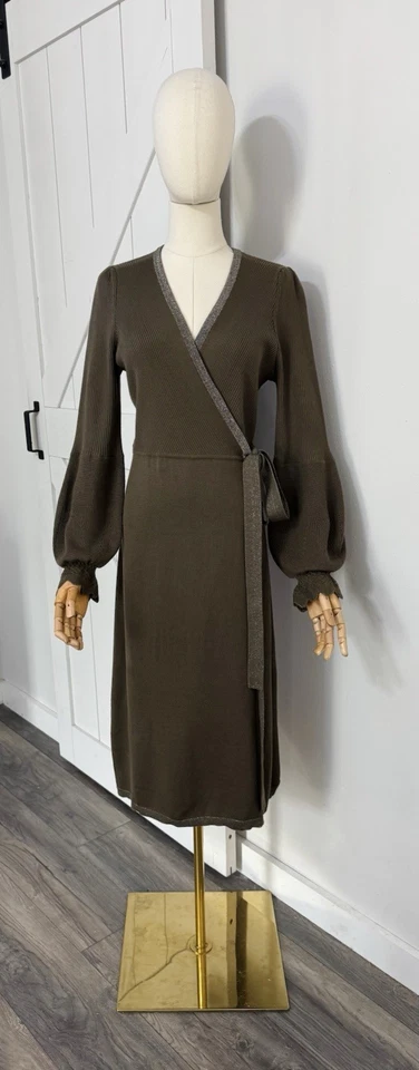 VESTIDO ENVOLVENTE MIDI DE PUNTO ACANALADO POLA TALLA M DIANE VON FURSTENBERG VERDE MILITAR Lana Foto 3 de 4