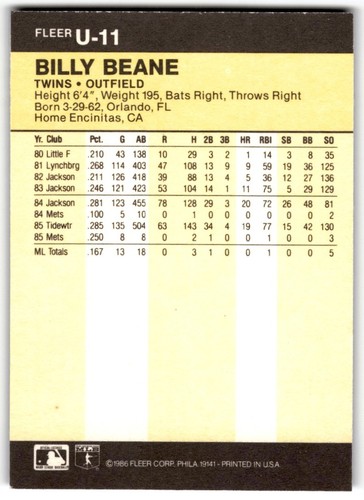Billy Beane 1986 Fleer Update Rookie #U-11 Minnesota Twins - Picture 2 of 2