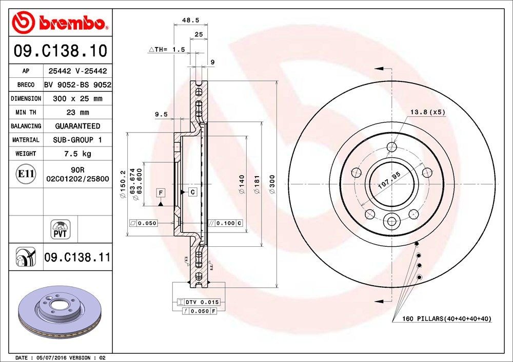 Disque de frein avant BREMBO 09.C138.11 kit de rechange pour auto VOLVO