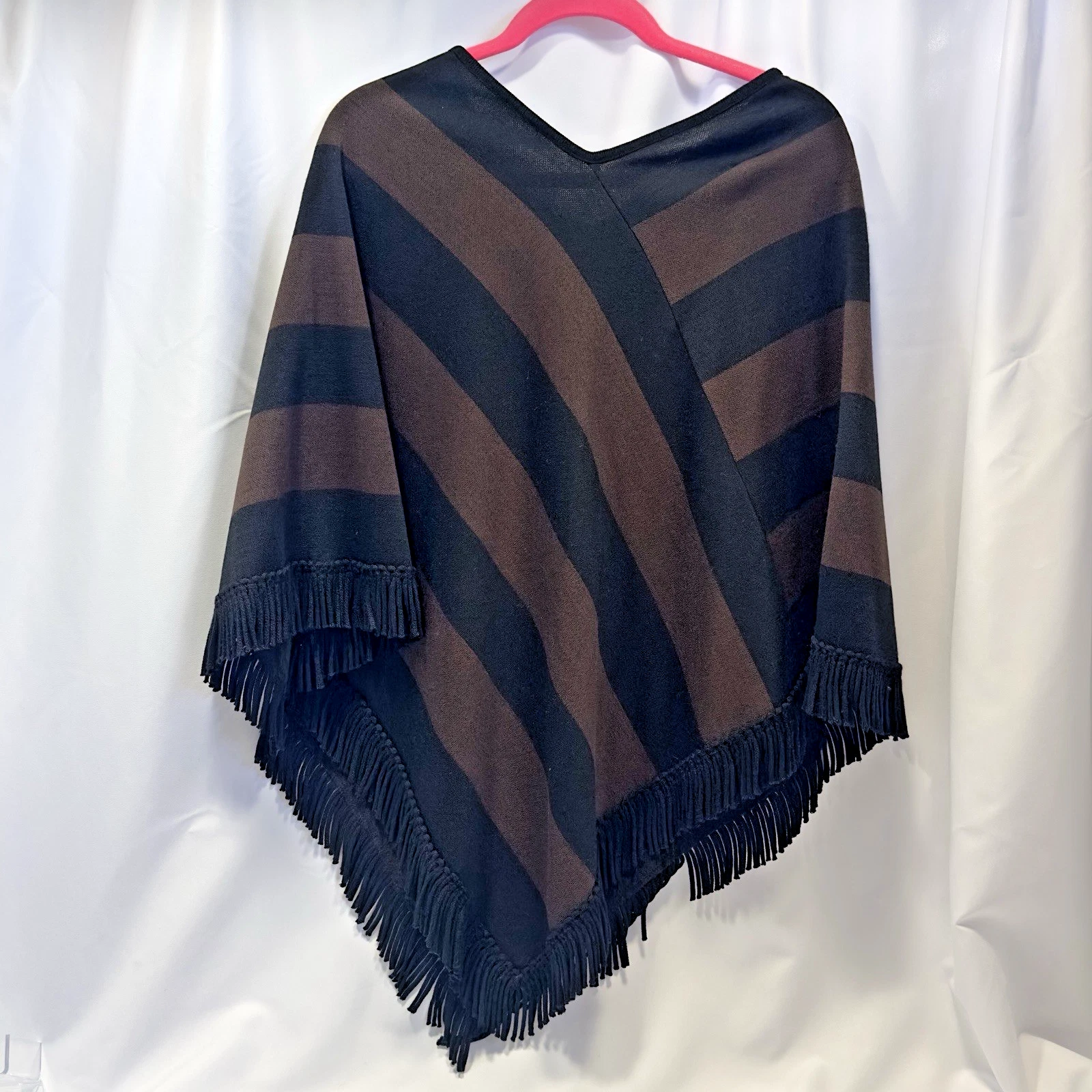 Nina Leonard Dark Brown Black Fringed Poncho 100% Acrylic One Size Stripes
