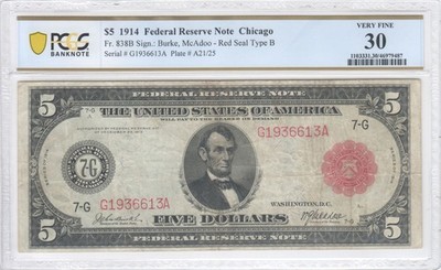 1914 $5 Federal Reserve Note Chicago Red Seal Type B FR.838B PCGS