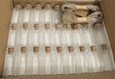 LOT 50 TINY CLEAR GLASS MINI BOTTLES WITH CORK STOPPERS, TWINE  CARD TAGS