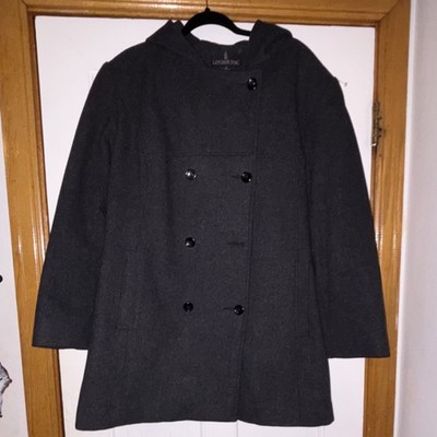 London Fog Gray Pea Coat Women's 1X Hooded Double Breasted Button 1 button gone 