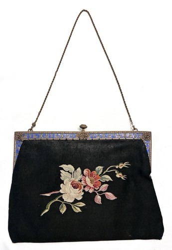 Antique, (1910-1920s) Ornate Jeweled Petit Point Embroidered Tapestry Bag/Purse