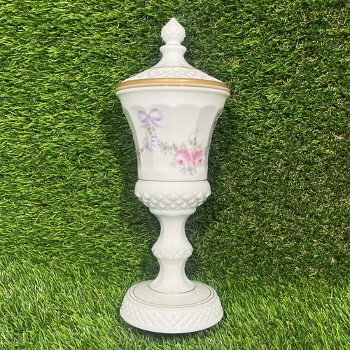 Vintage Westmoreland 1950s Hand Painted Milk Glass Roses/ Bows Footed Urn w/Lid